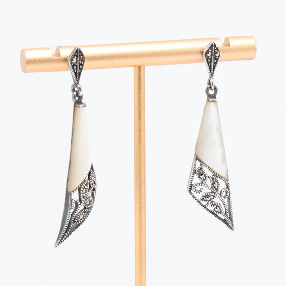 Vintage Sterling Silver MOP Marcasite Dangle Stud Earrings - Picture 2 of 7